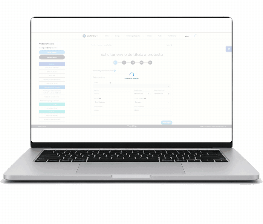 Notebook com a plataforma CENPROT para solicitar envio de título a protesto